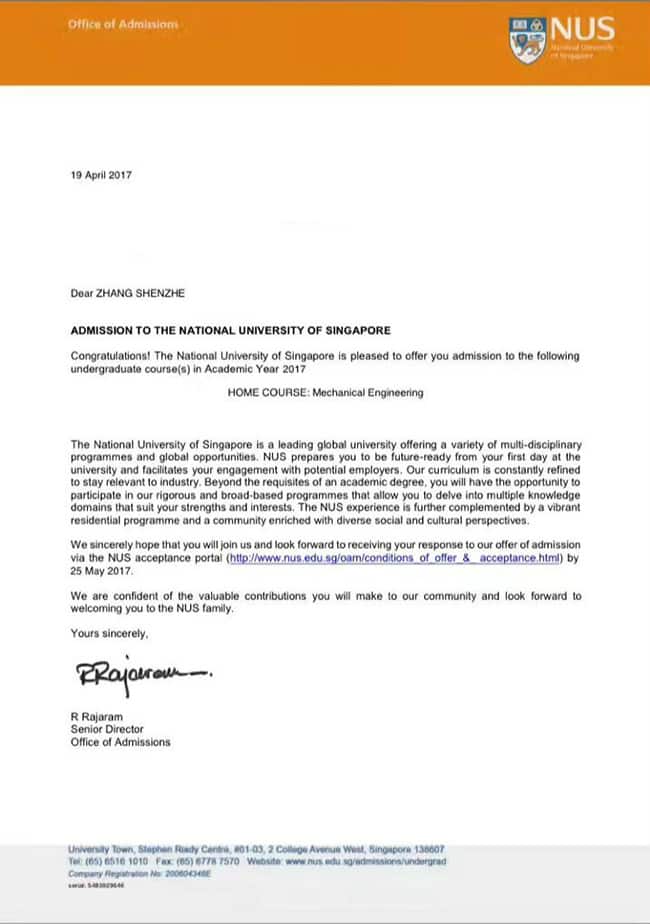 Letter of Admission to NUS